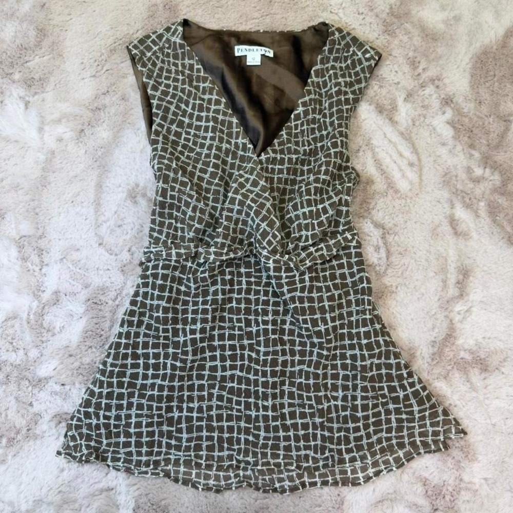 100% silk Pendleton wrap-style blouse in a rich earthy brown with abstract grid